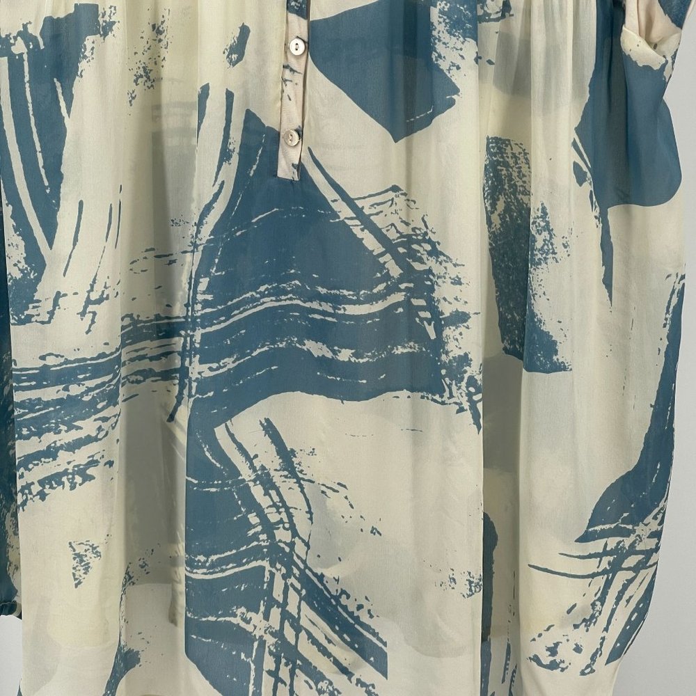Johnny Was Biya Silk & Knit Popover Blouse Top Womens S Oversize Watercolor Blue - Picture 5 of 8